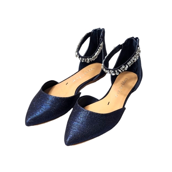 Copper Key Shoes - Copper Keys Women's Ankle Strap Rhinestone Point Toe Glitter Navy Flats Size 6